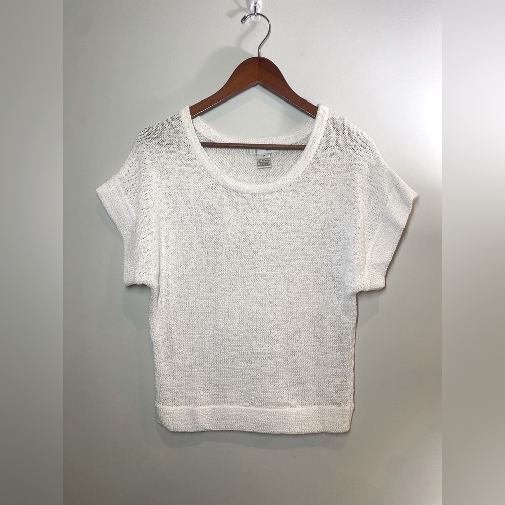WD.NY white semi open knit sheer knit woven short sleeve sweater top NWOT